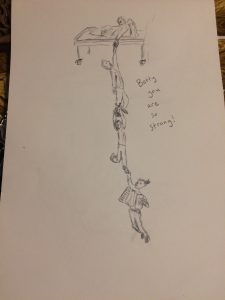 a number of people hanging off one another with a person holding them all at the top on a bed. There's a caption beside it saying Betty you're so strong!