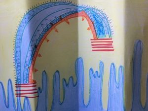 painting with blue and red watery forms