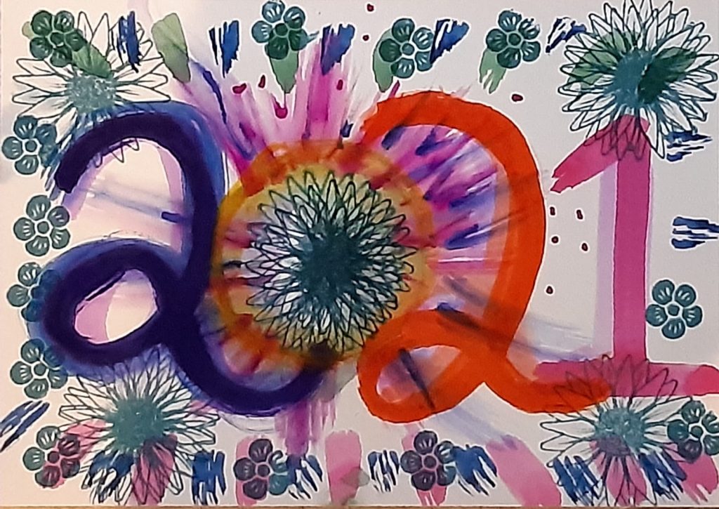 watercolour artwork with 2021 painted in bright colours