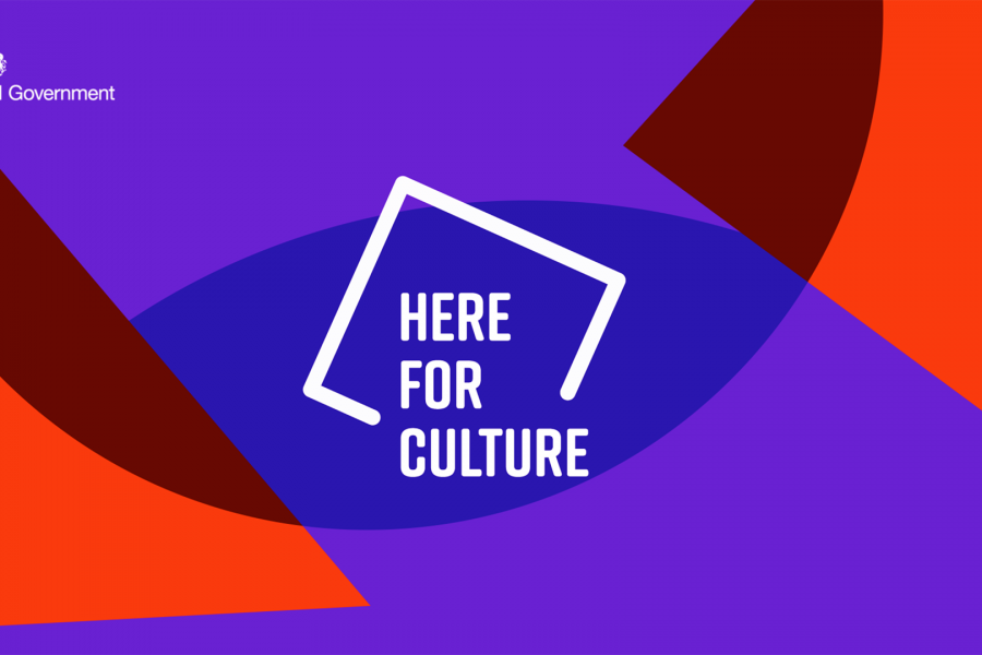 graphic image in red and purple with text Here for Culture ina white square outline.