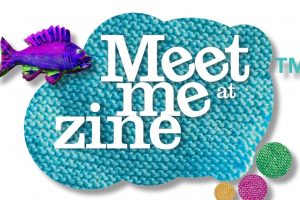 Meet Me Zine text in a blue cloud shape with a purple fish