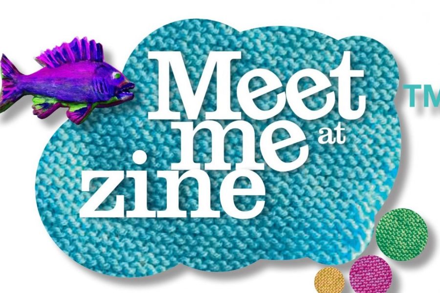 Meet Me Zine text in a blue cloud shape with a purple fish
