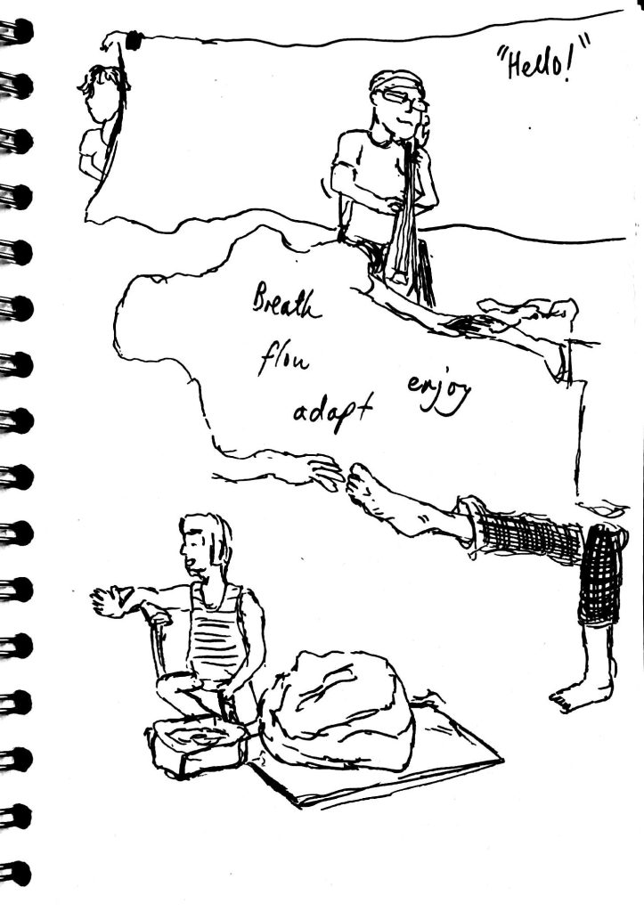 A drawing of people dancing, legs kicking